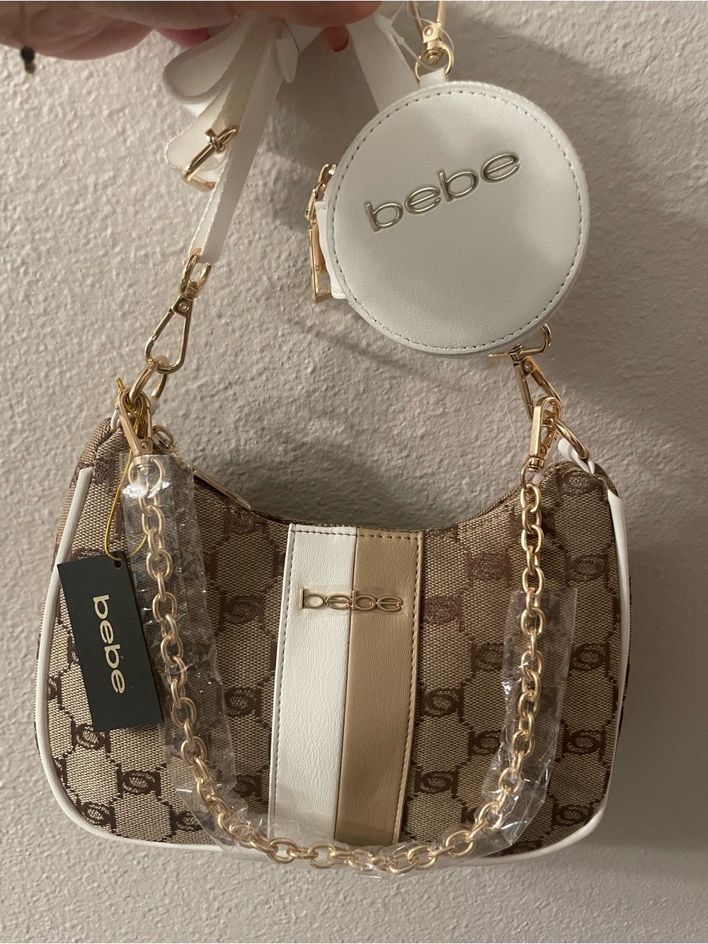 bebe Brown, Beige & White Signature Shoulder Bag with Coin Pouch